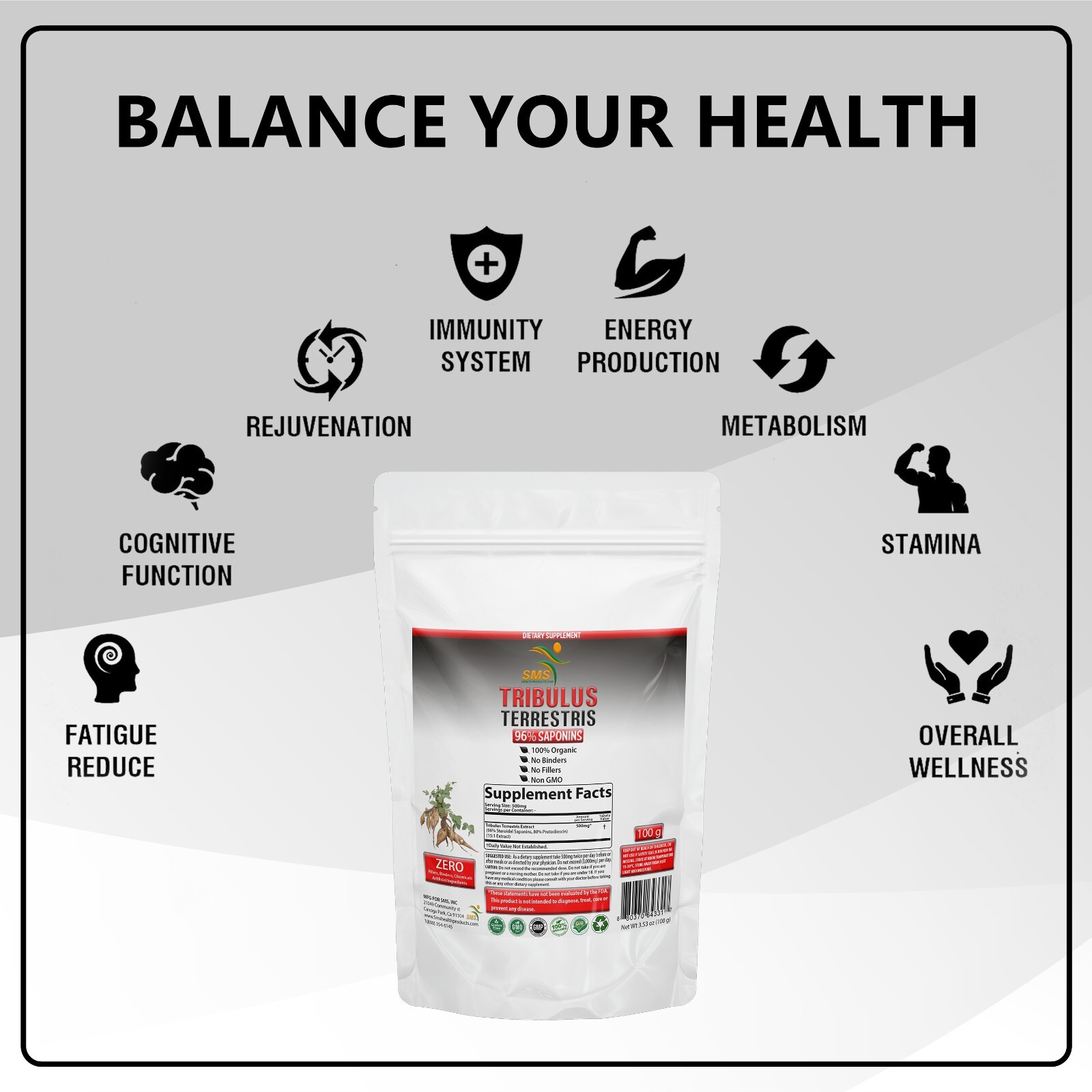 Tribulus Terrestris Test Booster, Energy Boost 96% Saponin Organic 100g Powder