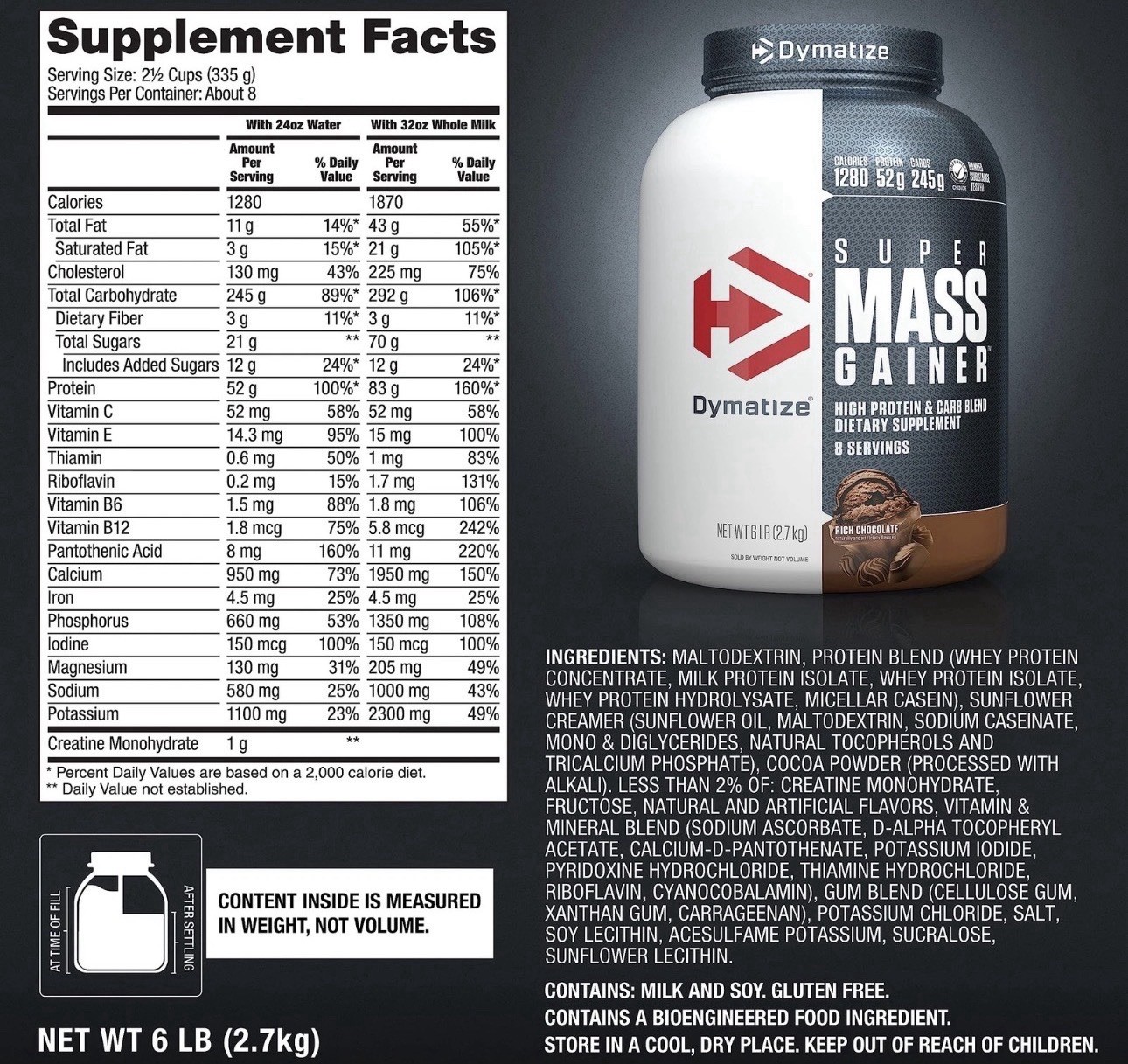 Dymatize 6lb Super Mass Gainer High Protein Carb Blend Rich Chocolate Exp01/2028