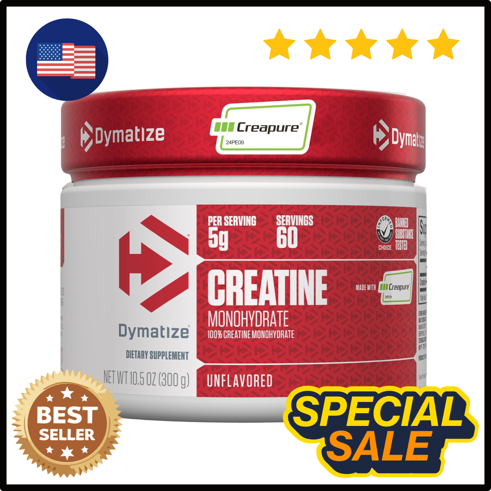 Dymatize 100% Creatine Monohydrate with Creapure, 5g Per Serving, 60 Servings (3