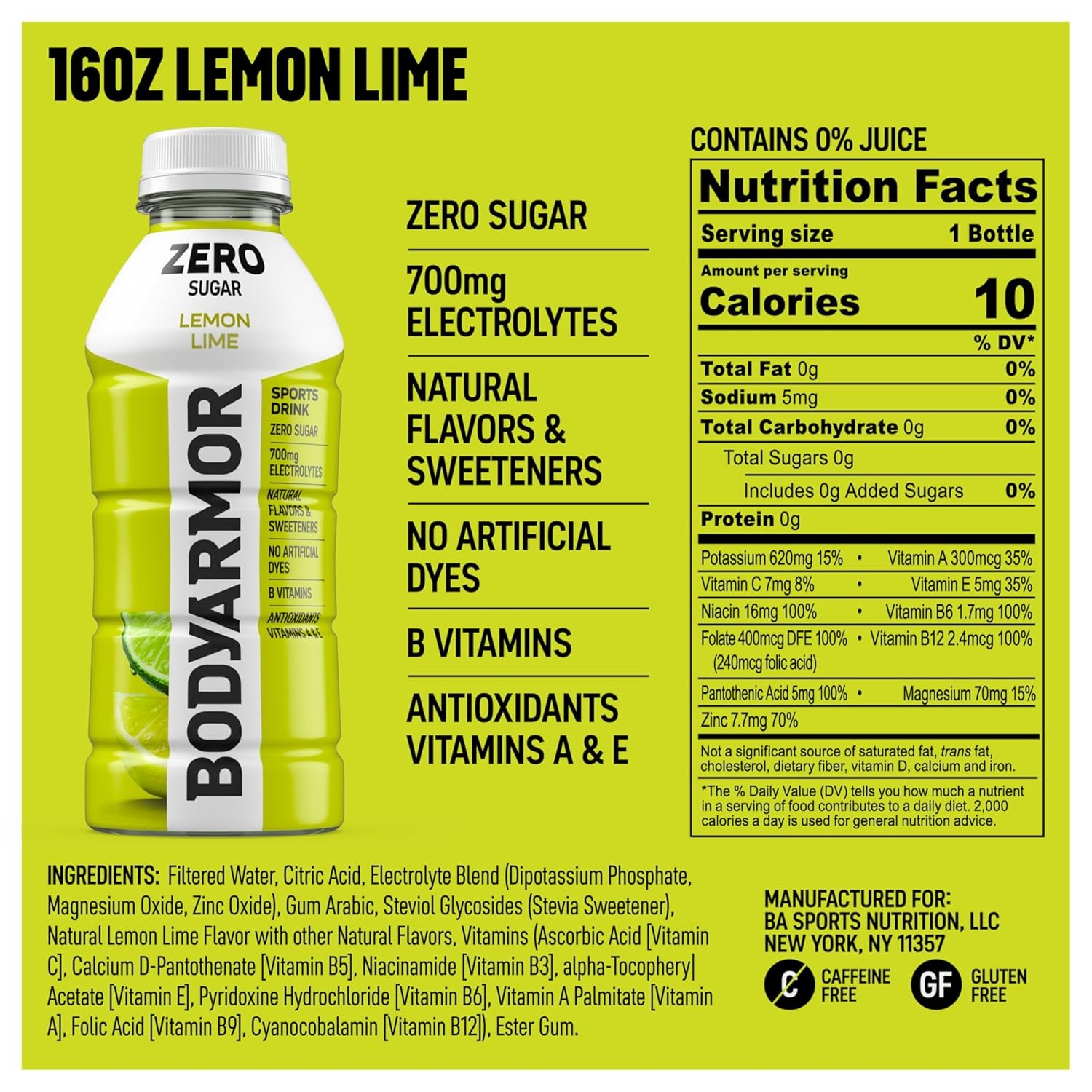 BODYARMOR ZERO Sugar Lemon Lime, Free Sports 16 Ounce (Pack of 12)