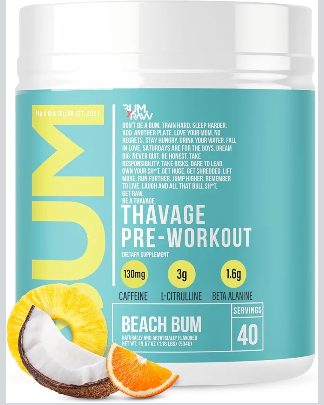 RAW Pre Workout Powder Thavage Beach Bum Sports Nutrition Supplement 40 Servings