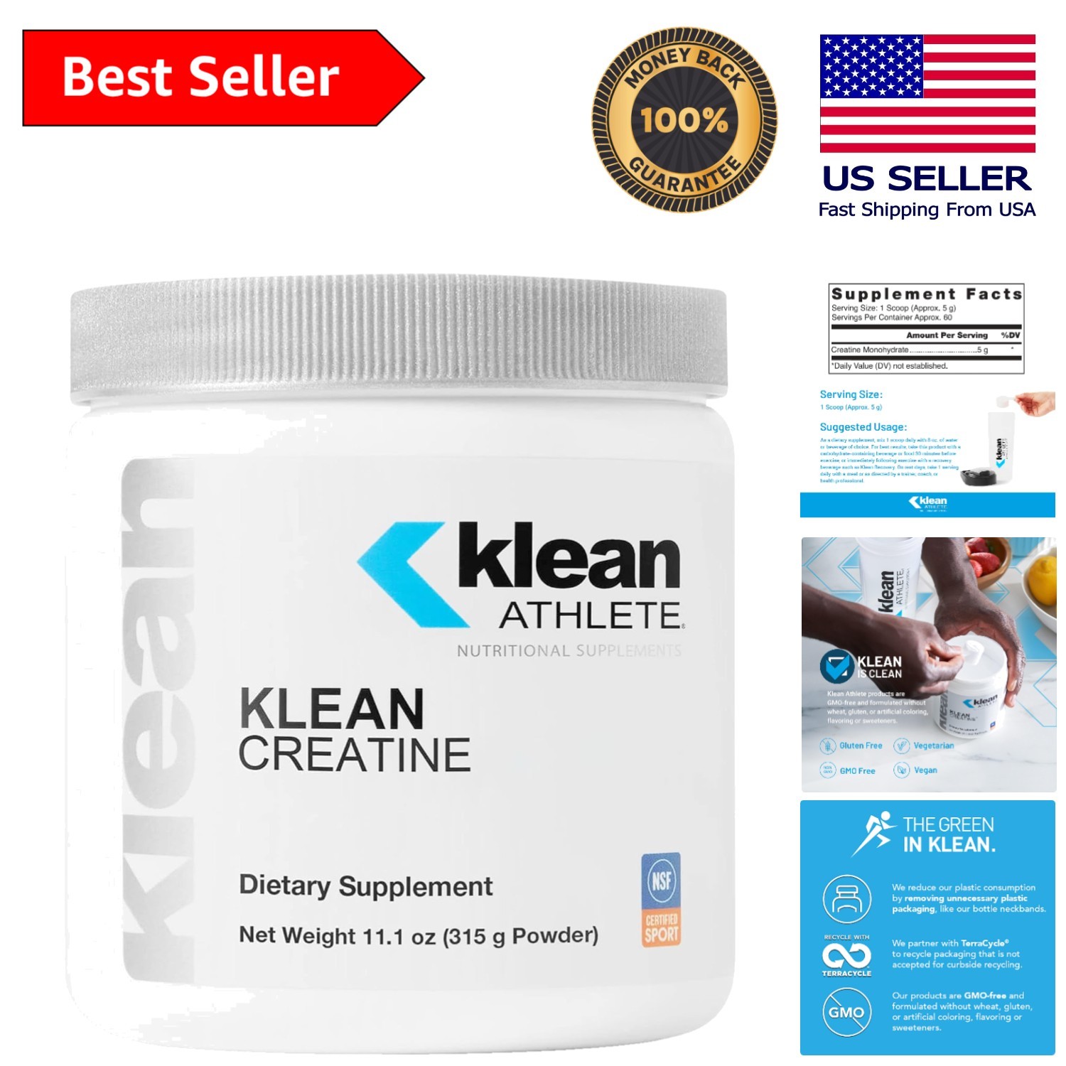 Klean Creatine for Athletes – Unflavored 11.1 oz Powder, GMO Free Energy Support