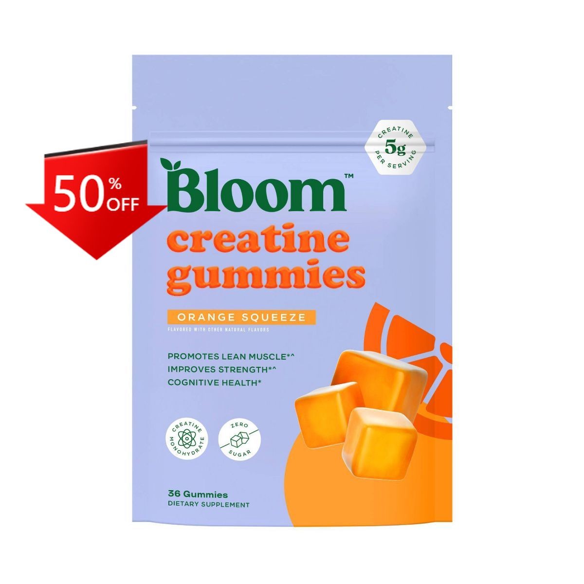 BLOOM NUTRITION Creatine Monohydrate Gummies – Orange Squeeze – 36ct/12 Servings