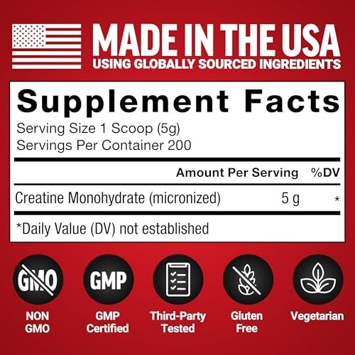 Creatine Monohydrate Powder 5g 200 Servings Unflavored Micronized