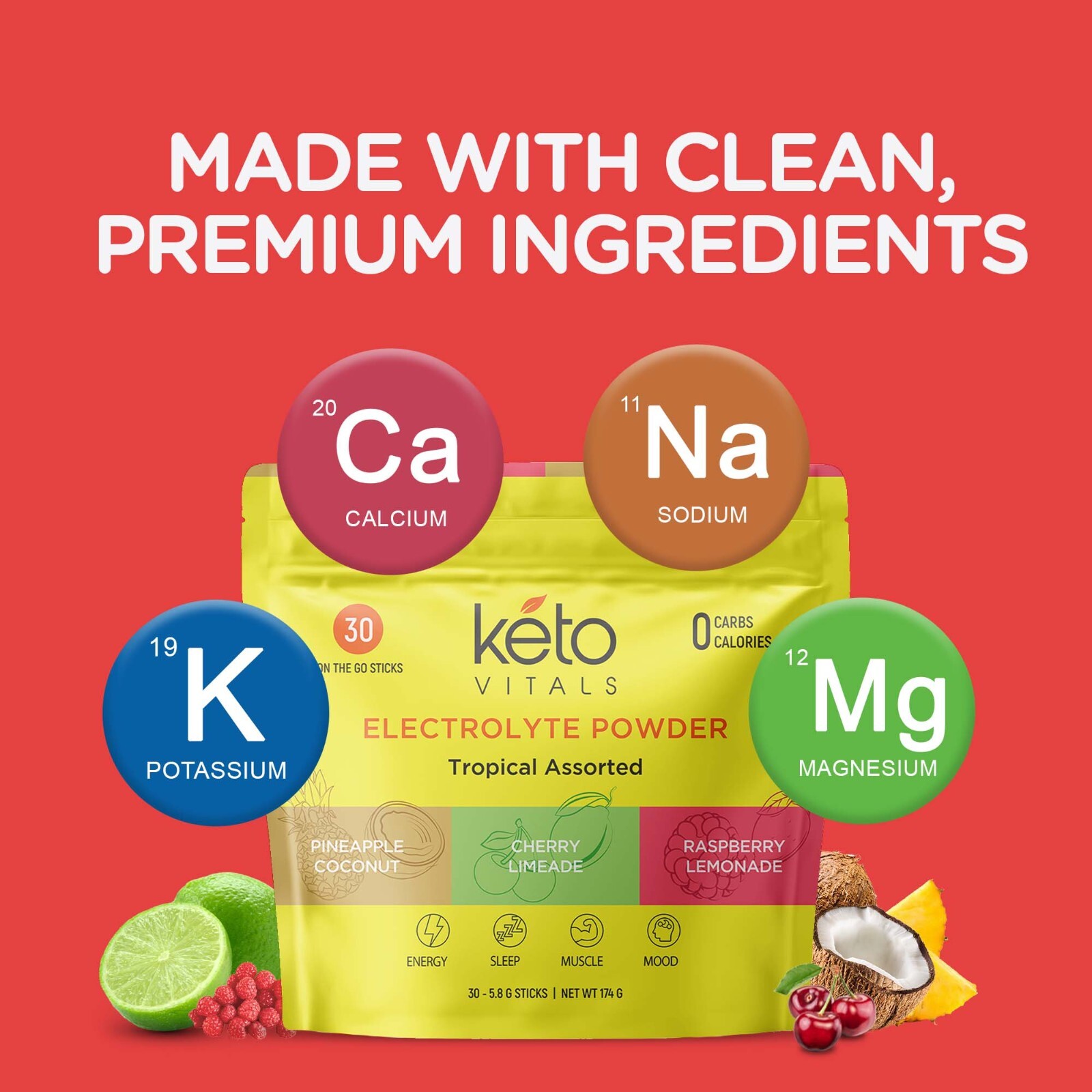 Keto Vitals Tropical Electrolyte Powder Stick Packs Tropical Assorted 30CT