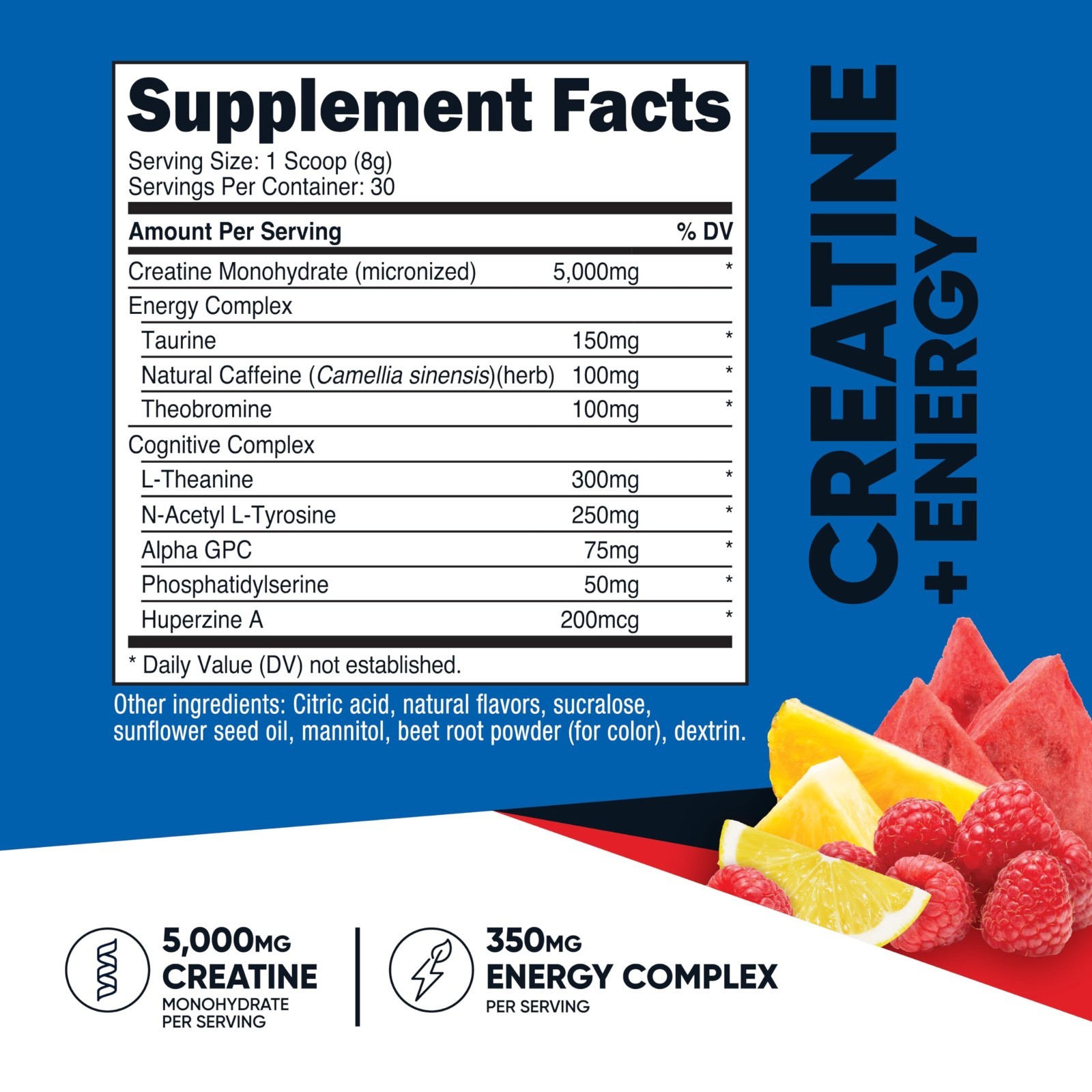 Creatine Monohydrate Powder + Energy Complex, Fruit Punch, 30 Servings, GMO-Free
