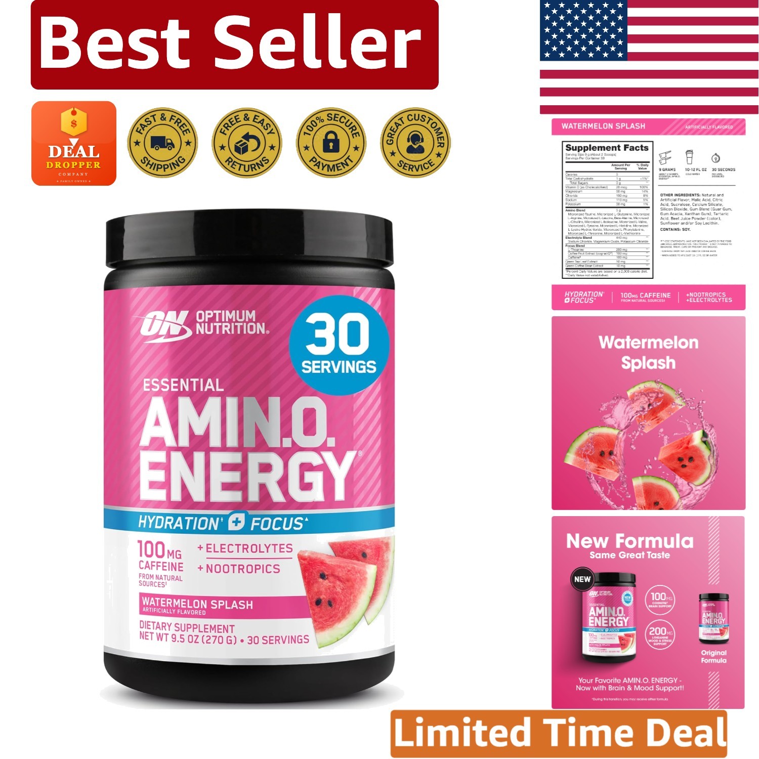Essential Amino Energy Powder – Watermelon, BCAA Electrolytes, 30 Servings