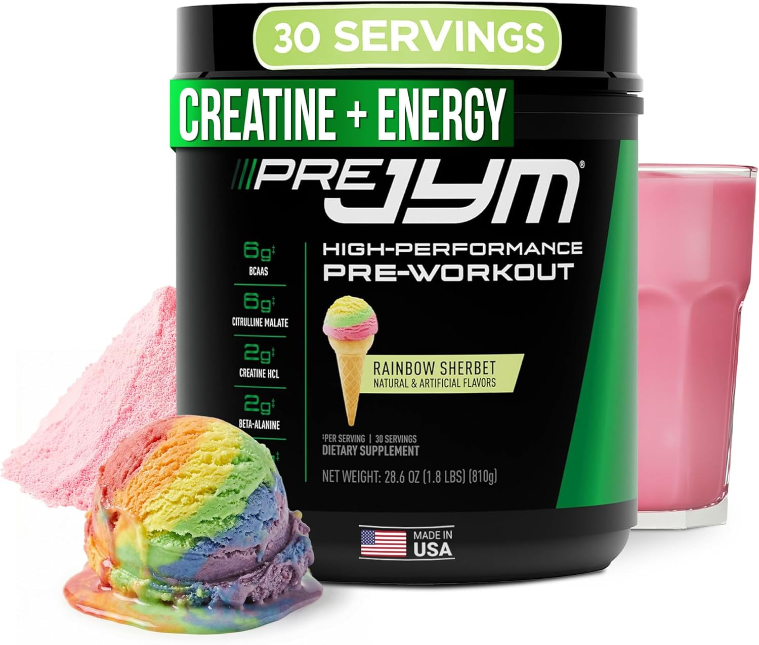 Pre JYM Rainbow Sherbet Pre Workout Powder for Men & Women, Bcaas, Nootropics, C