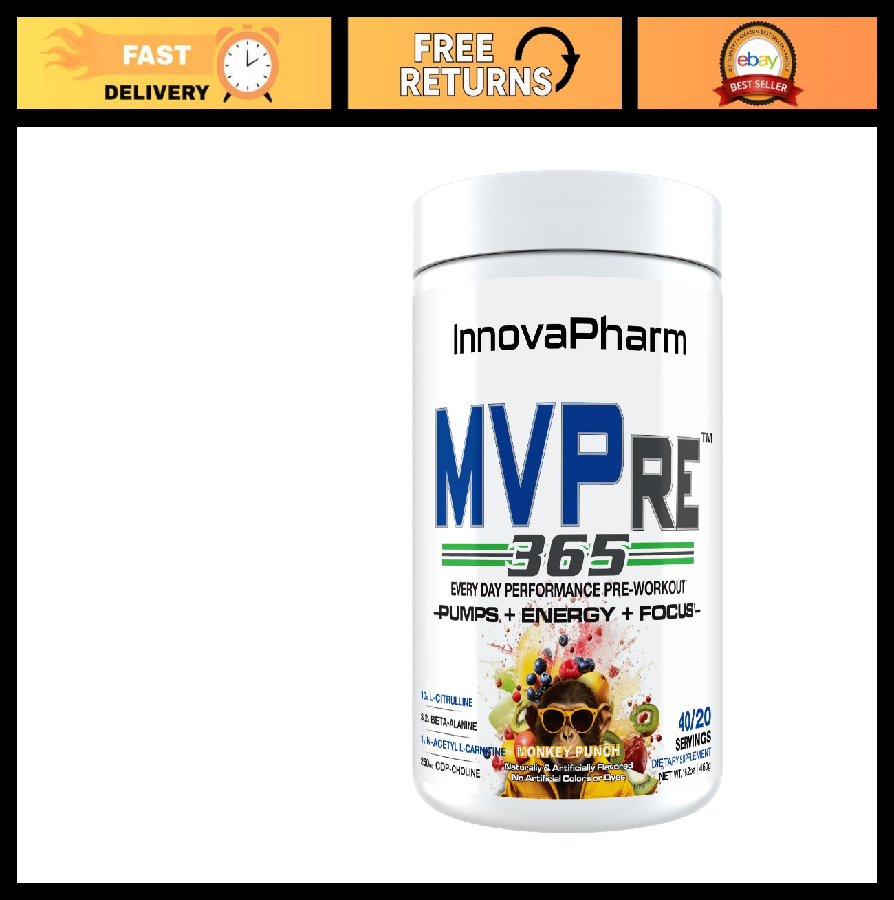 Pre-Workout Supplement – MVPRE 365 Monkey Punch Flavor, Energy Boost & Focus