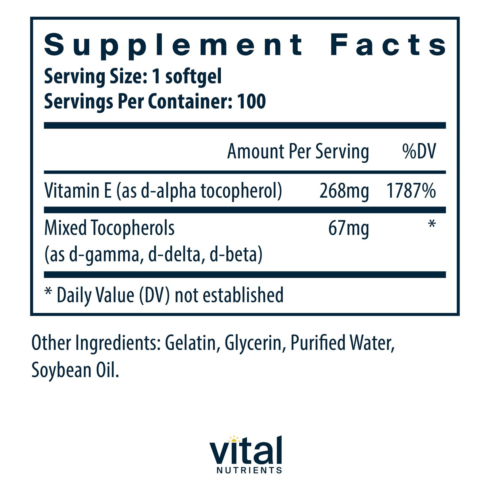 Vital Nutrients Vitamin E with Mixed Tocopherols – 100 Count (Pack of 1)