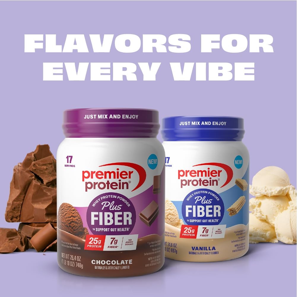 Premier Protein Powder Plus Fiber, Chocolate, 25g Protein, 7g Fiber to Suppor…