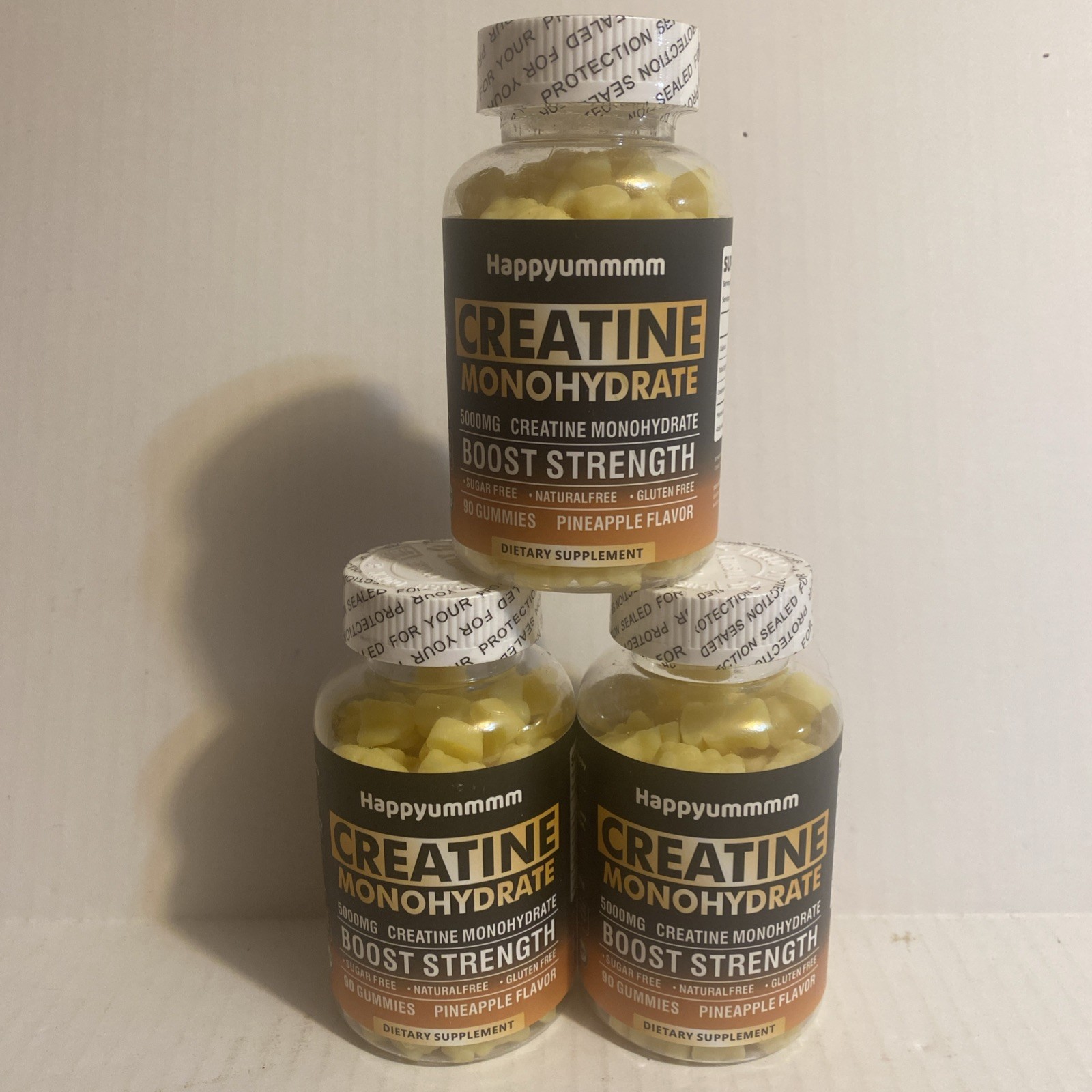 Happyummmm Creatine Monohydrate Gummies. 3 Bottles. Pineapple Flavor. 90 Count