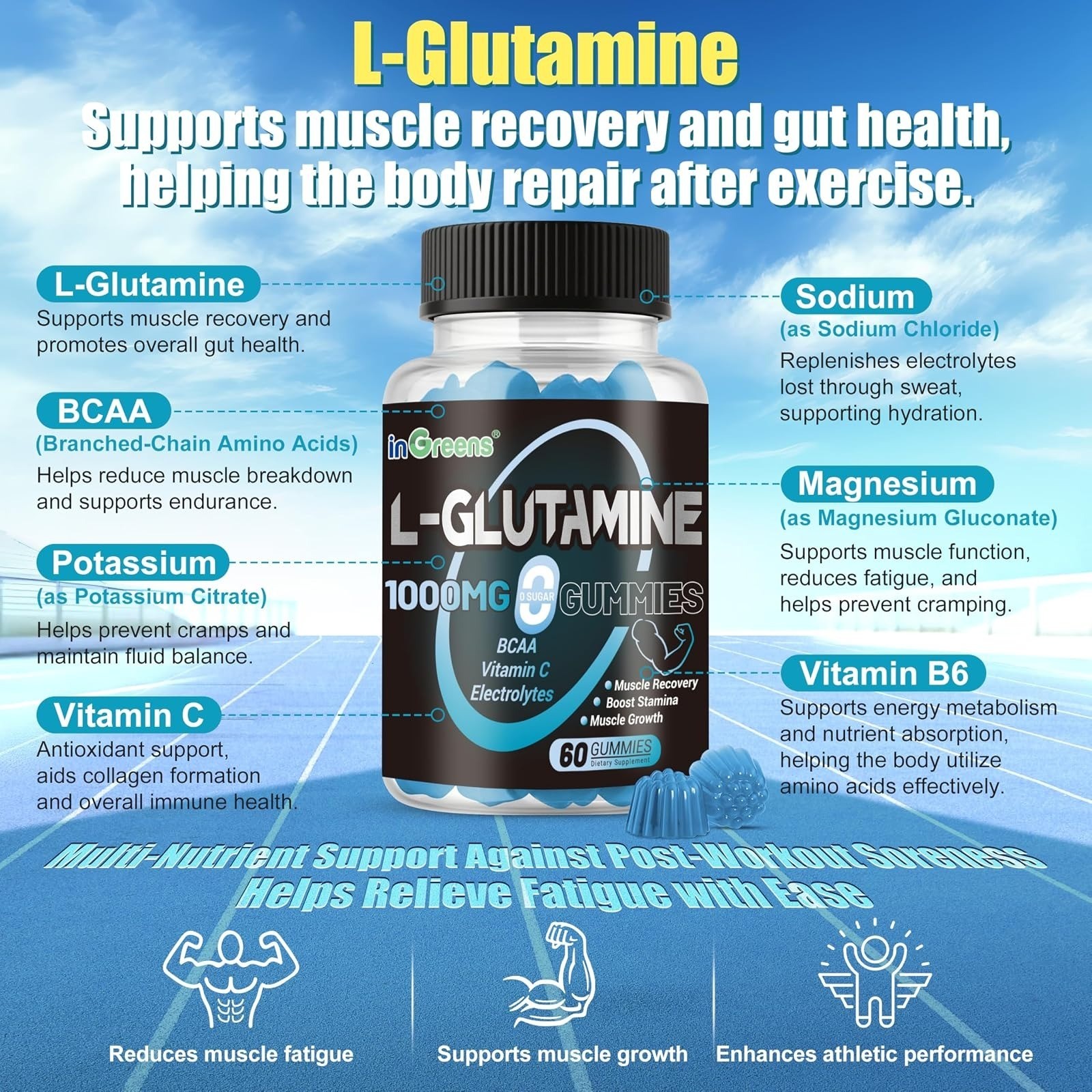 inGreens L-Glutamine Gummies 1000mg 60 Count | Muscle Recovery Support