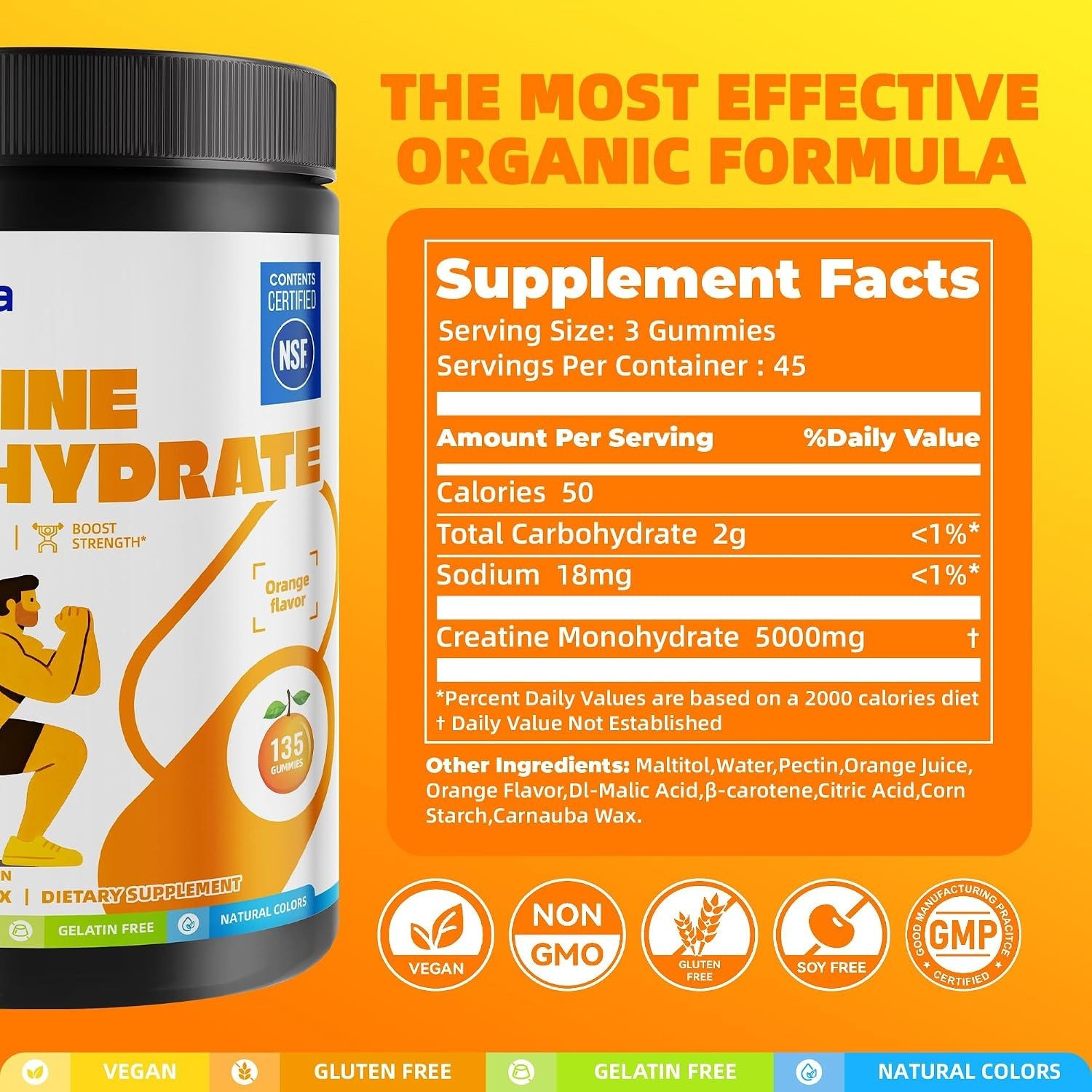 Creatine Monohydrate Gummies, NSF Certified Creatine Gummy, 5g Dose for Men & Wo