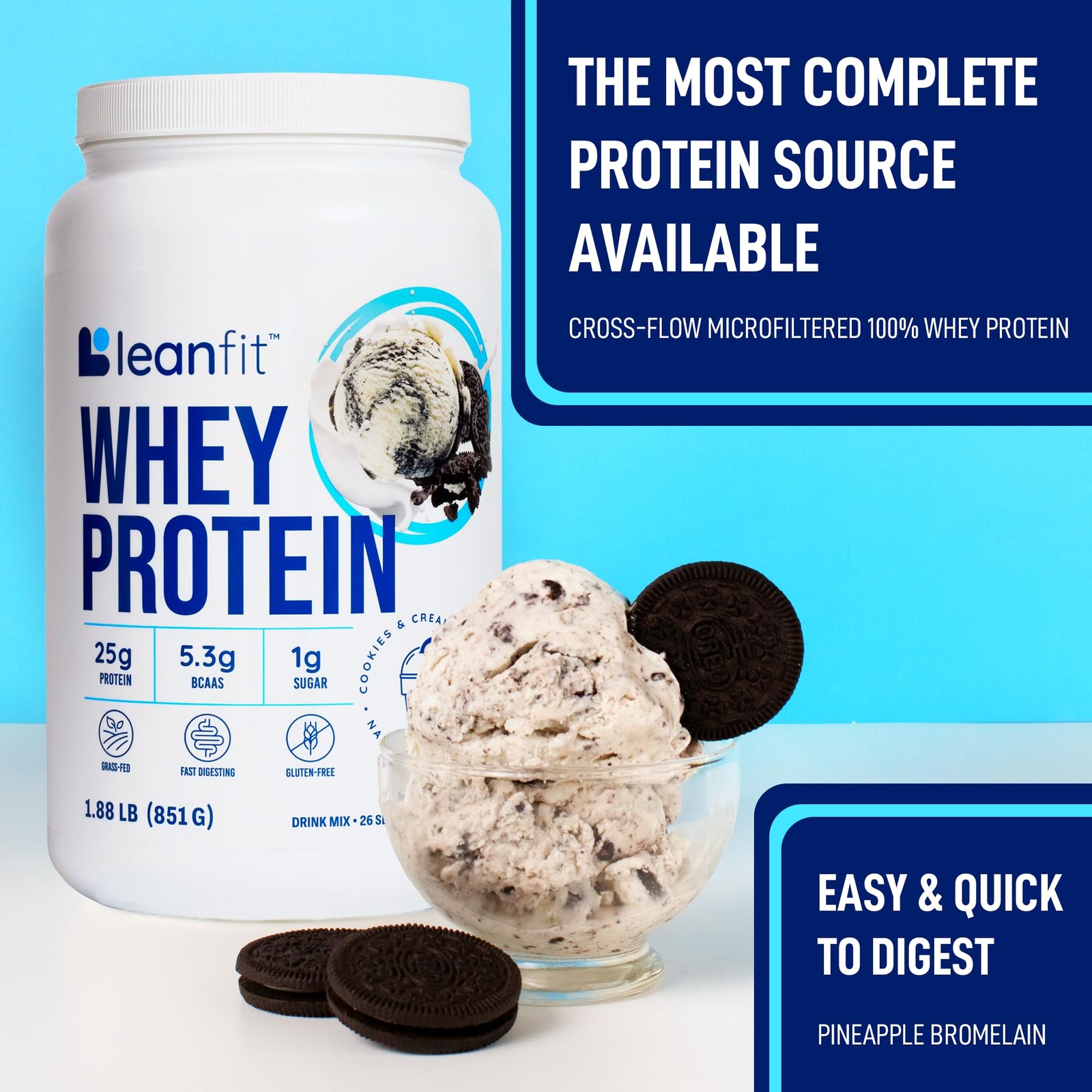 LeanFit WHEY Protein Cookies & Cream – 100% Whey Protein Powder 25g Protein P…