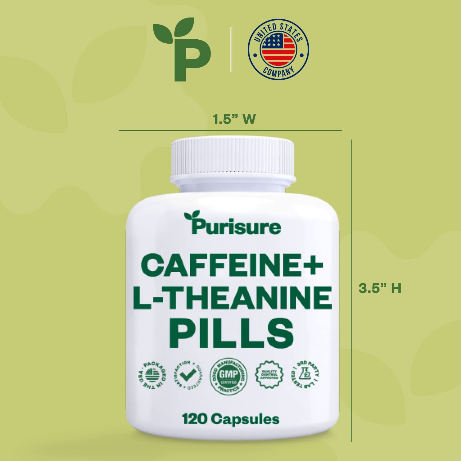 Purisure Caffeine Theanine Capsules, 100mg Caffeine + 200mg L-Theanine, 120 Days