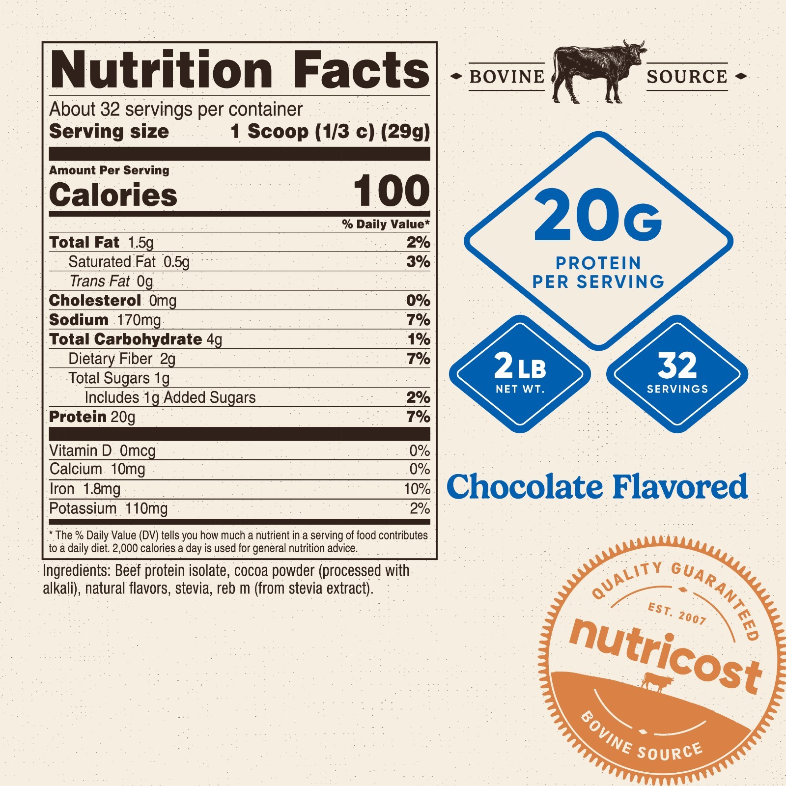 Nutricost Beef Protein Isolate Powder Chocolate (2 Pounds)