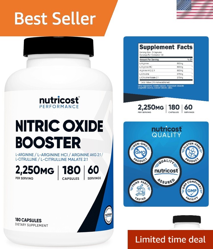 Vascular Health Support: Nitric Oxide Booster 2250mg in 180 Gluten-Free Capsules