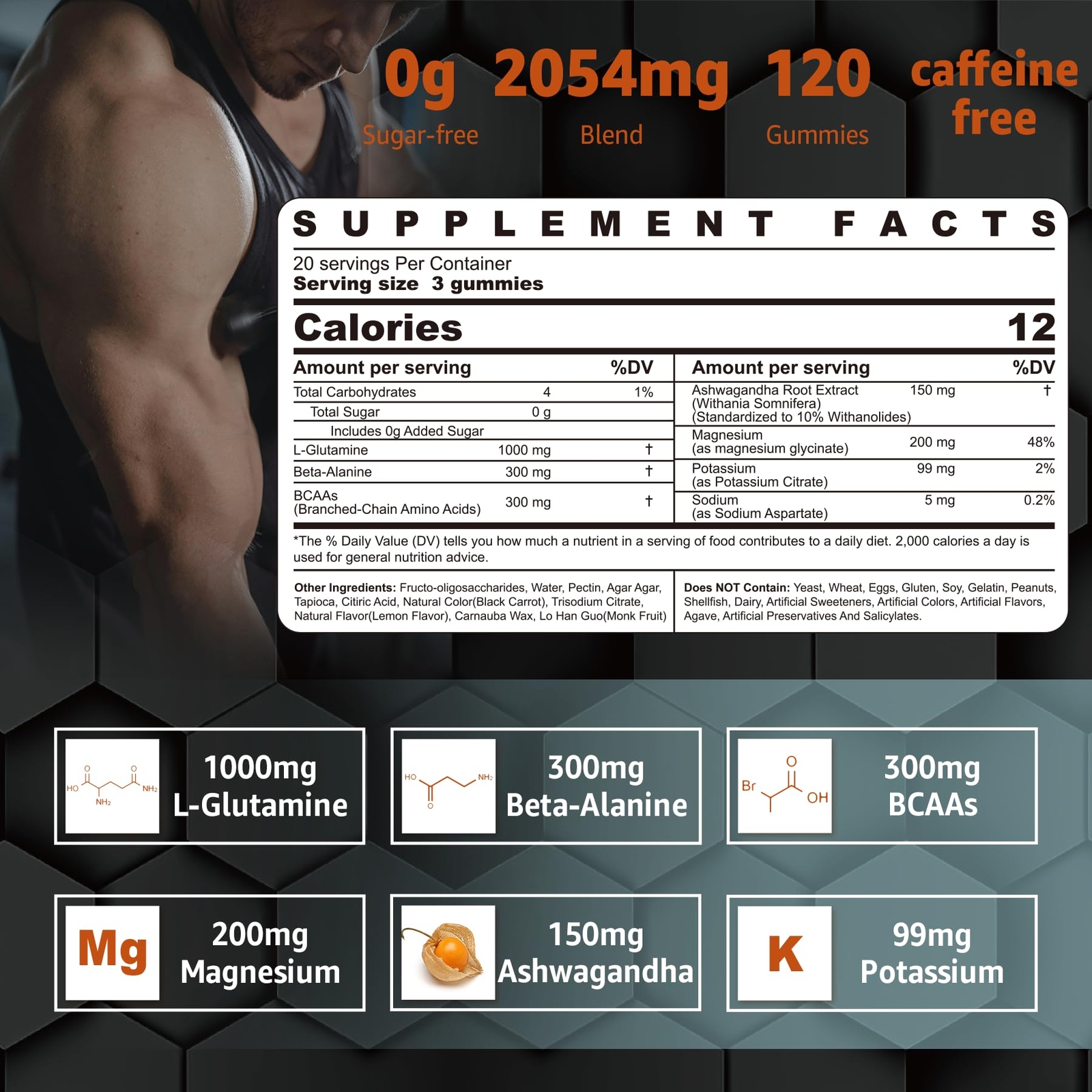 L-GLUTAMINE Gummies for Muscle Recovery Growth Potassium 1000mg NEXTDIA