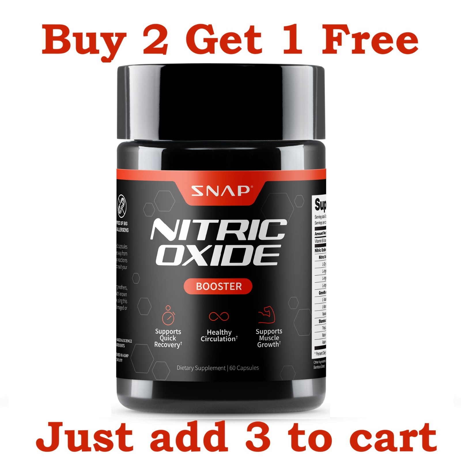 SNAP Nitric Oxide Booster 1500mg L-Arginine L-Citrulline Clean Label Certified