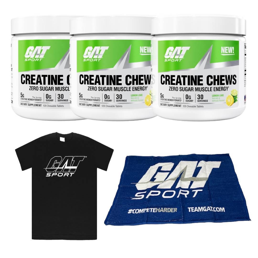 GAT Creatine Chews 30 Servings 3 Pack Lemon Lime + (Towel & XL Black T Shirt)
