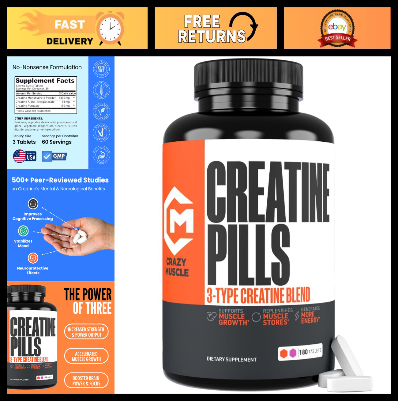 Premium Creatine Monohydrate Pills – 3 Types, 5g, Pre/Post Workout Energy, 180 T