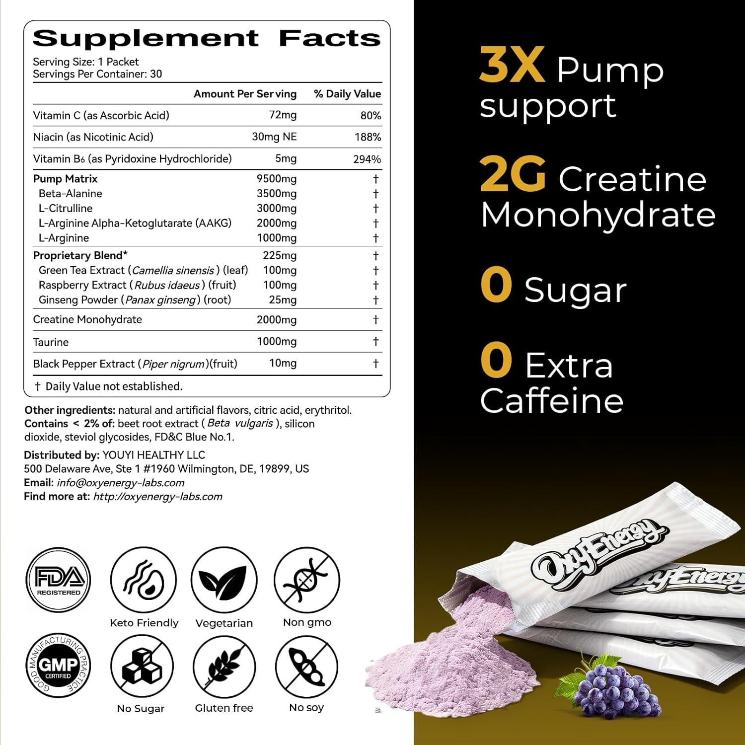 OxyEnergy Max Pump Stim-Free Pre Workout Powder – Grape Flavor – 30 packets