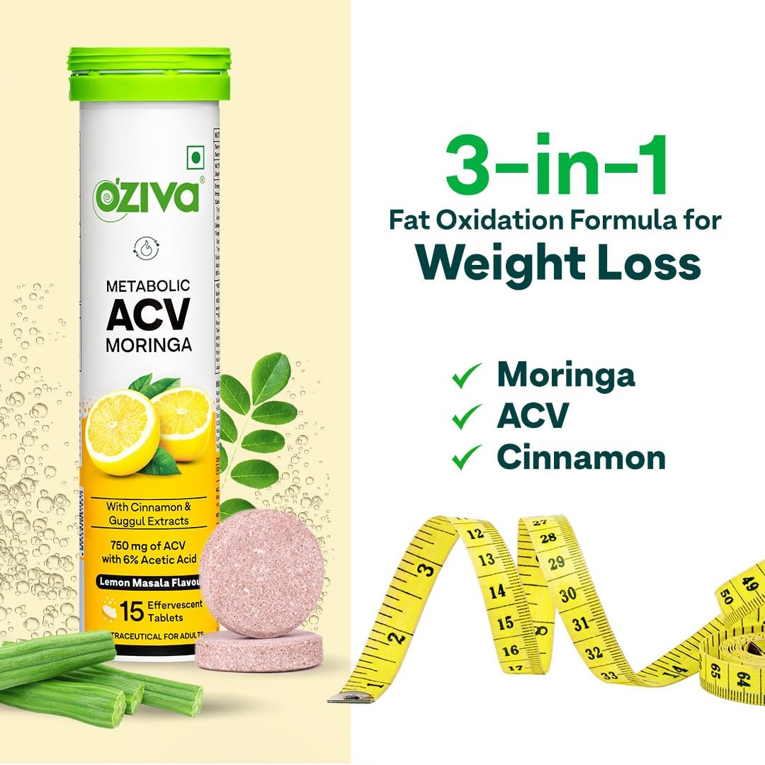 OZiva ACV Moringa Effervescent Lemon Masala, Pack of 4 (60 Tablets)