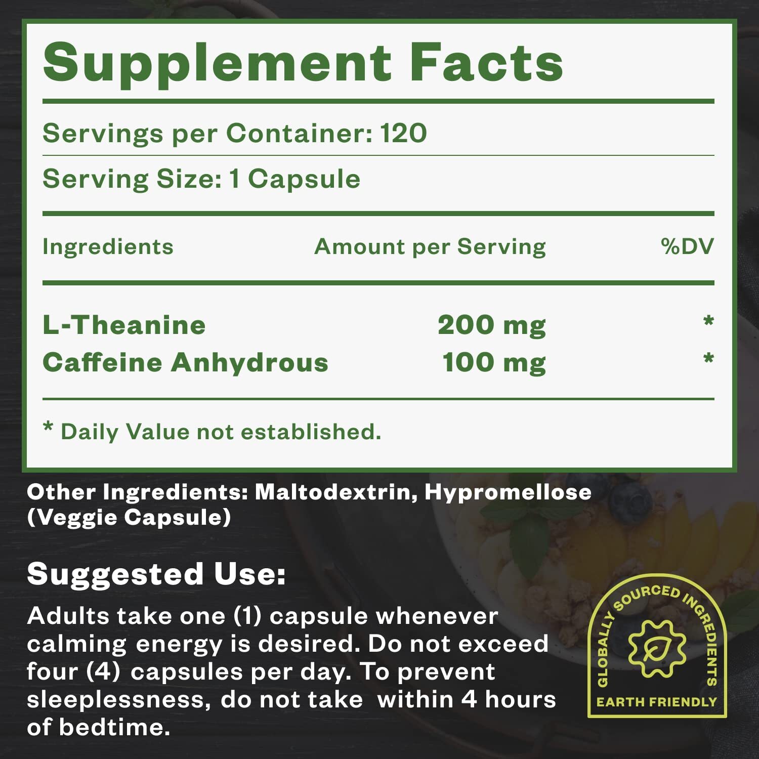Purisure Caffeine Theanine Capsules, 100mg Caffeine + 200mg L-Theanine, 120 Days