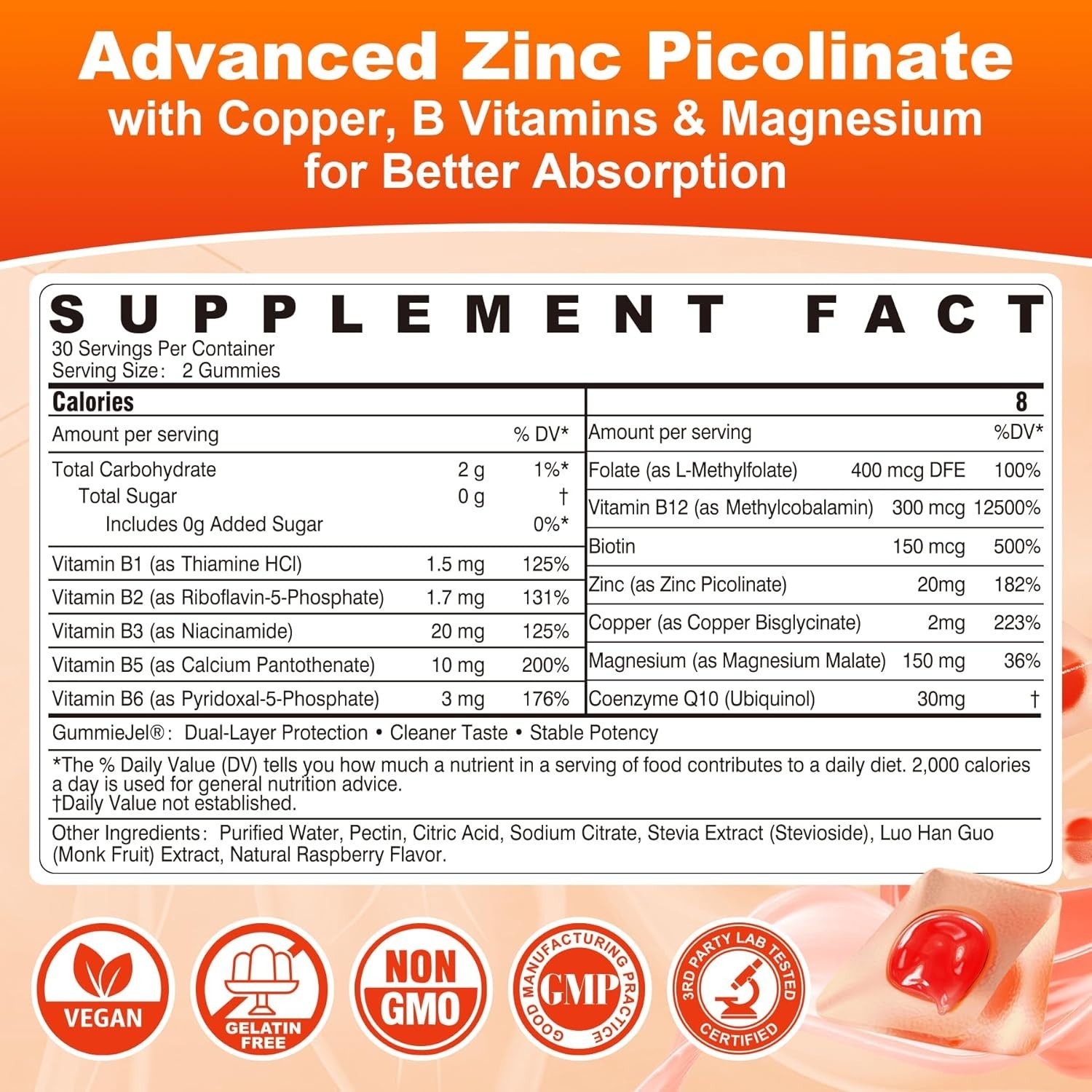 Zinc Picolinate Gummies, Chelated Organic Zinc 20mg + Copper 2mg Supplements