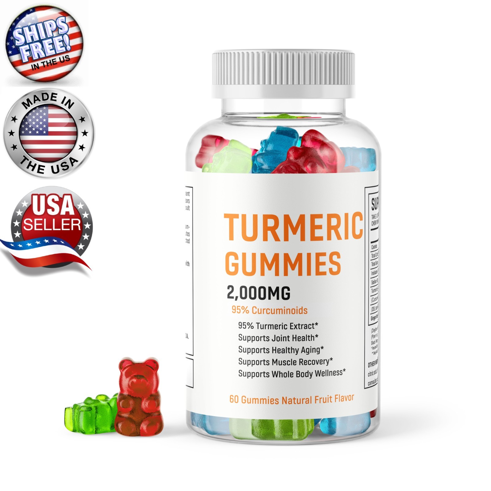 Turmeric Curcumin 2,000mg Gummies 60 Ct Vegan Gluten Free with Ginger Root