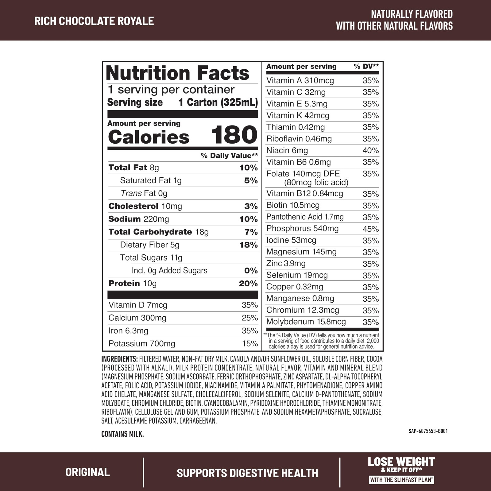 SlimFast Meal Replacement Shake, Rich Chocolate Royale, No Added Sugar, 12-Pack
