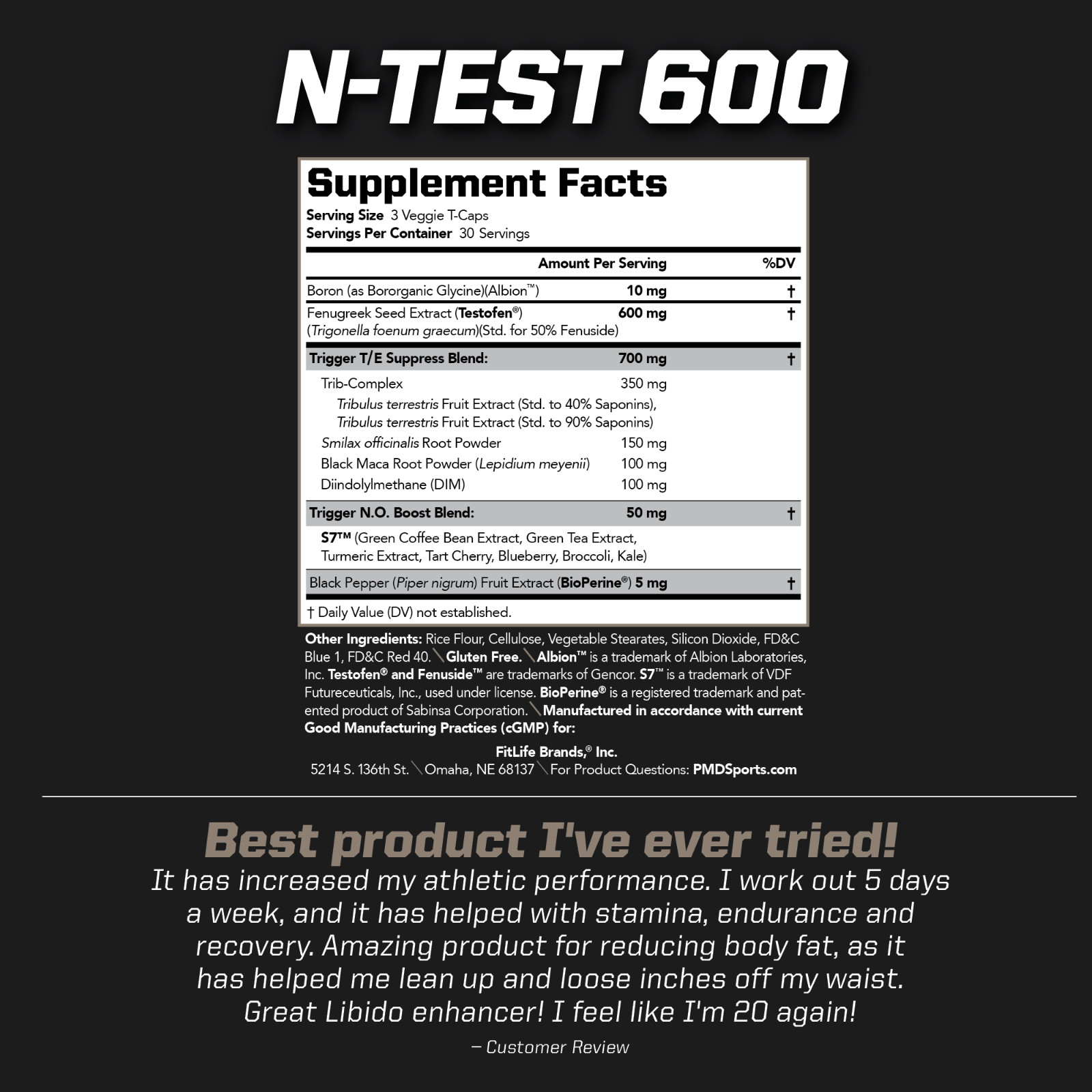 N-TEST 600 – Powerful Natural Testosterone Booster – Testofen – 90 Veggie T-CAPS