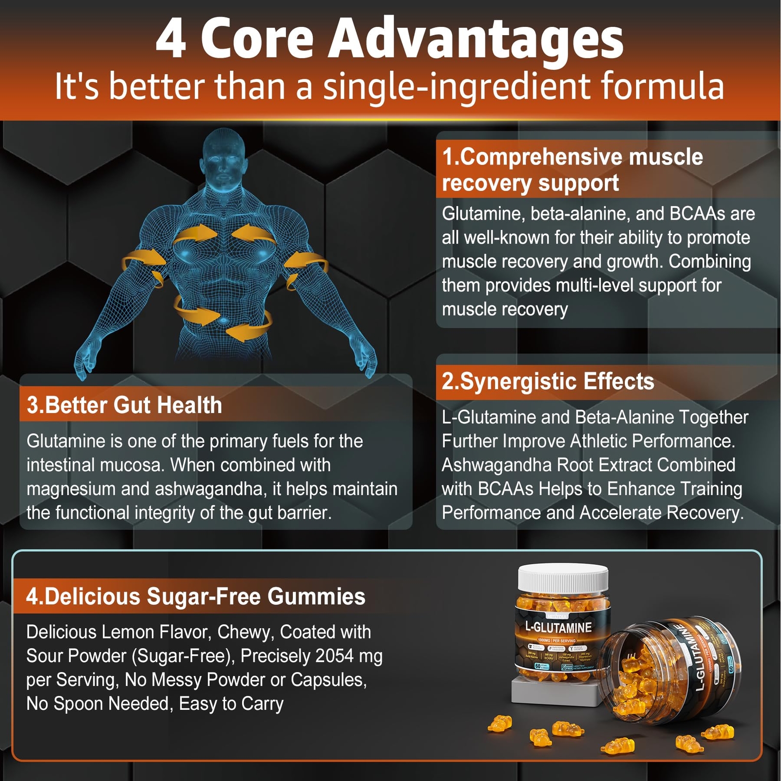 L-GLUTAMINE Gummies for Muscle Recovery Growth Potassium 1000mg NEXTDIA
