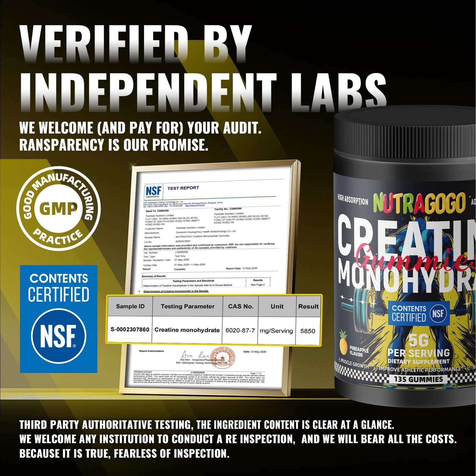 NUTRAGOGO NSF Certified Creatine Gummy Creatine Monohydrate Gummies for Men …