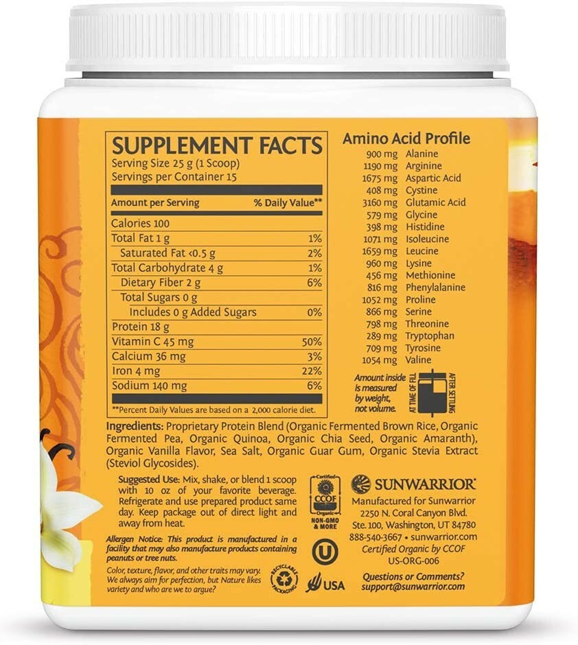 Sunwarrior Organic Classic Plus Vanilla Protein Powder, Vanilla 13.2 oz
