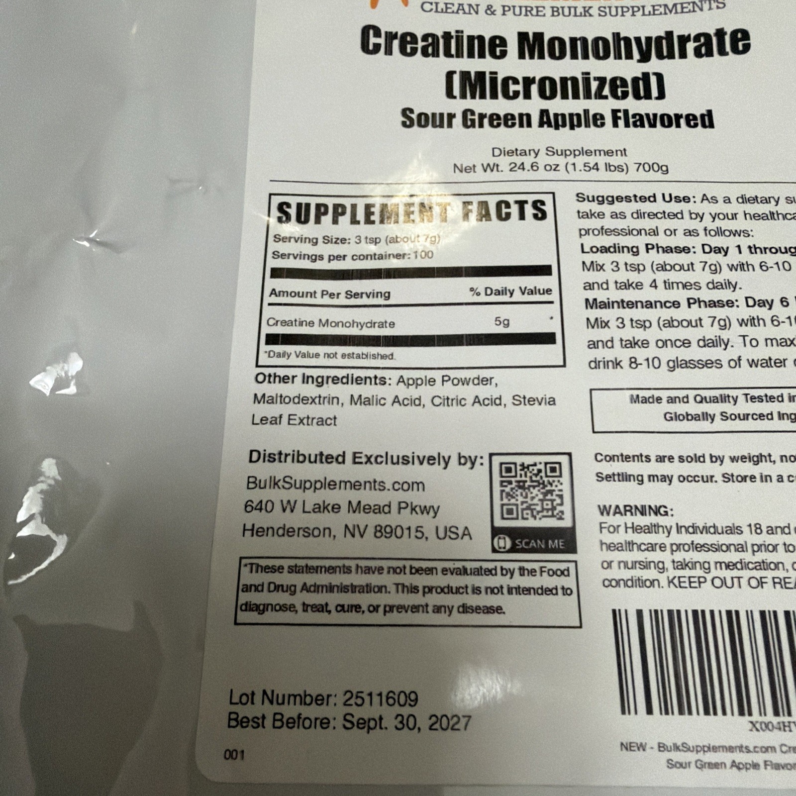 Bulk Supplements Creatine Monohydrate Sour Green Apple Flavored 24.6oz BRAND NEW