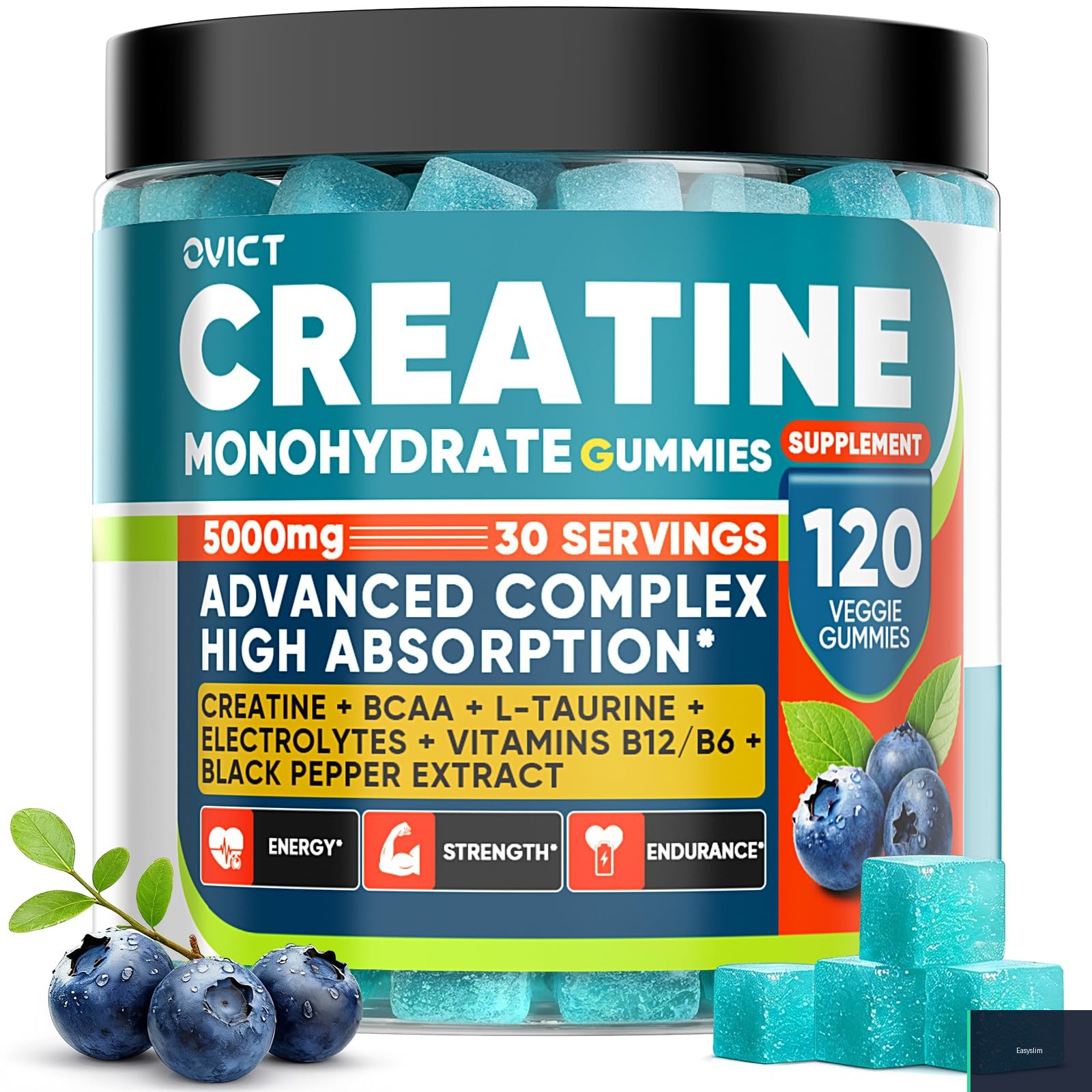 Creatine Monohydrate Gummies 5g 7-in-1 BCAA Complex, 120 Count Vegan