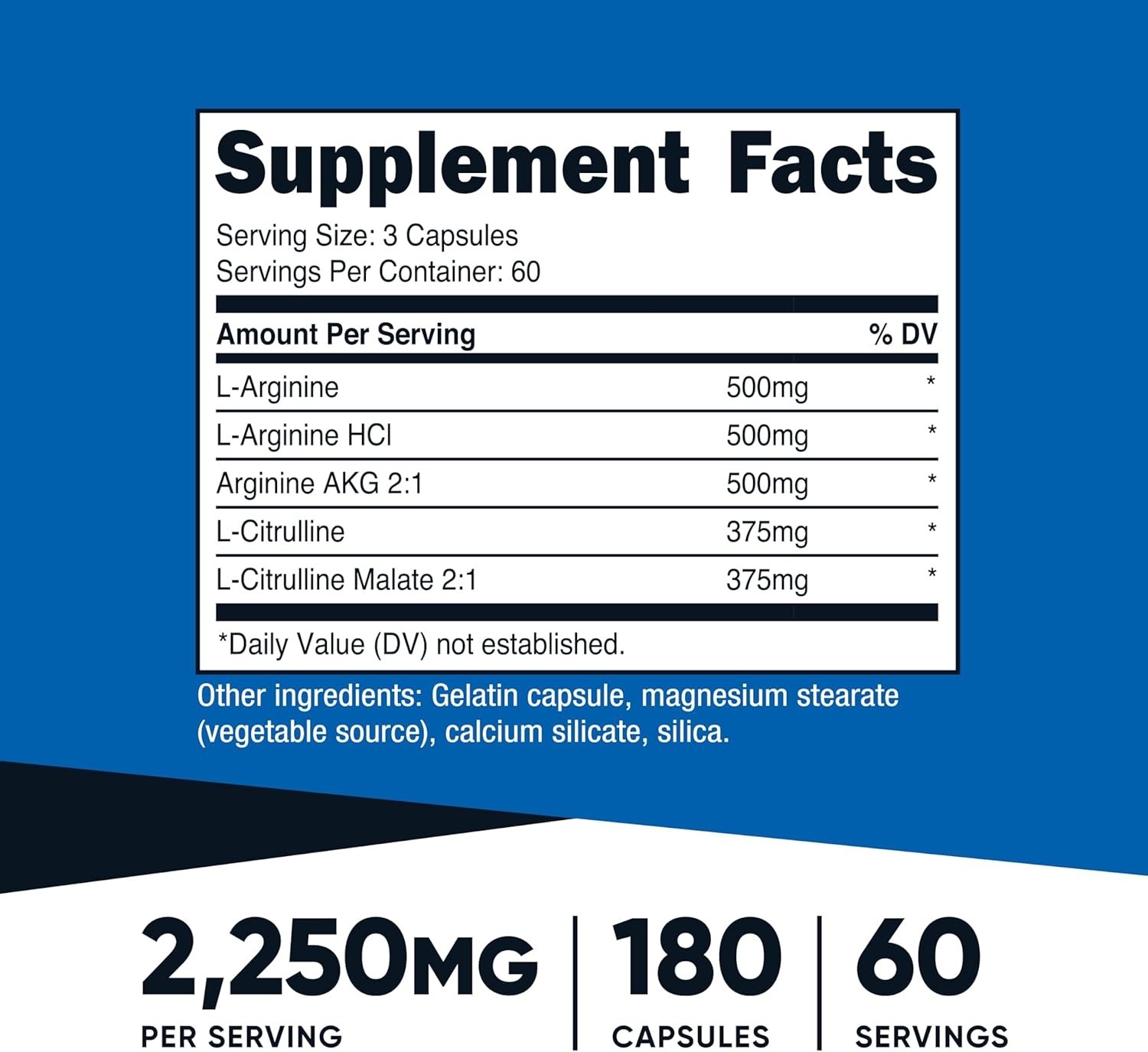 Nitric Oxide Booster 2250mg – 60 Servings of 180 Capsules for Active Lifestyles