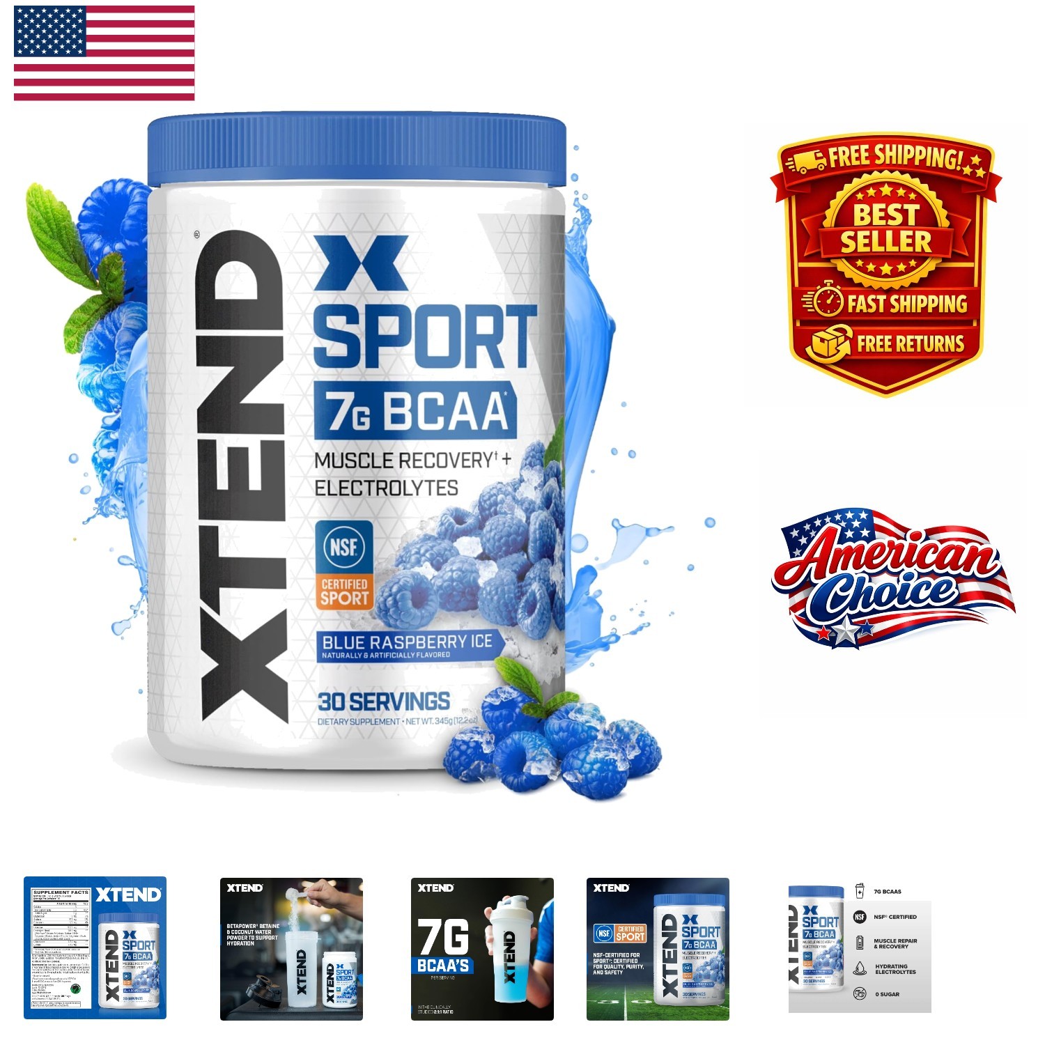 Delicious XTEND Sport BCAA Powder – Blue Raspberry, 30 Servings of Hydration