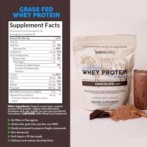 Paleovalley 100% Grass Fed Whey Protein Powder with Colostrum, Chocolate | Gut H