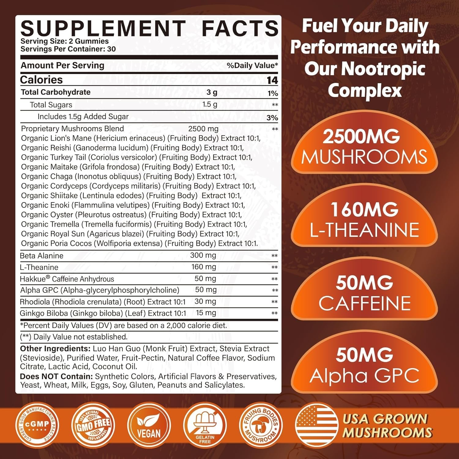 12-In-1 Mushroom Gummies w/ Lion’s Mane, Caffeine & L-Theanine, Nootropic Brain