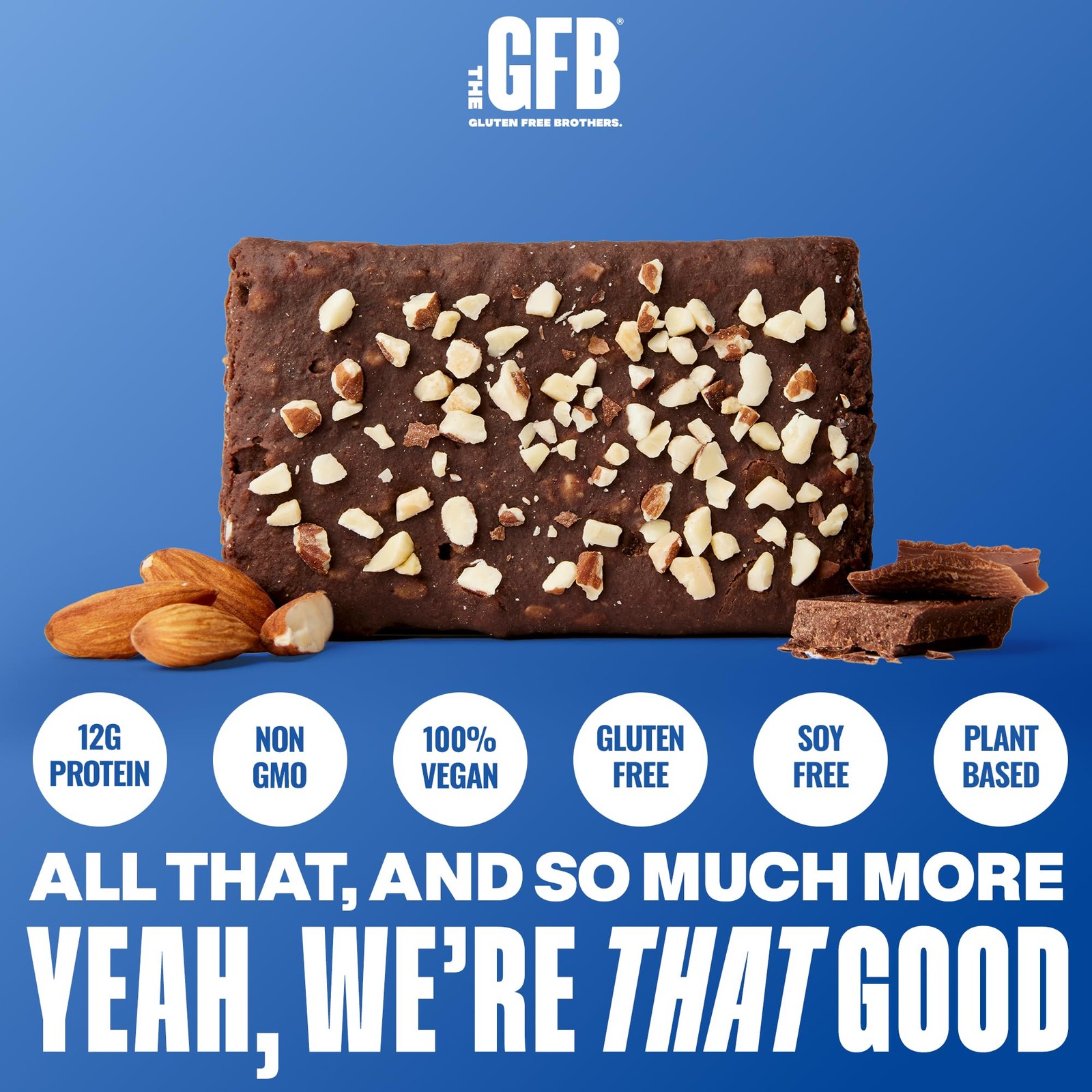 GFB Dark Chocolate Almond Protein Bars – Gluten Free, Plant Based, Non-GMO, 12-P