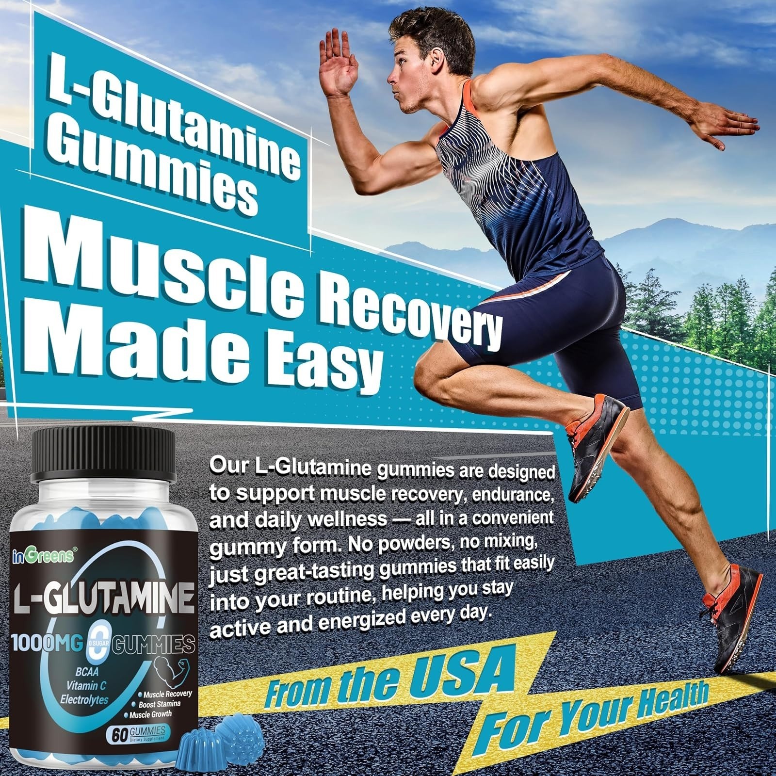 inGreens L-Glutamine Gummies 1000mg 60 Count | Muscle Recovery Support