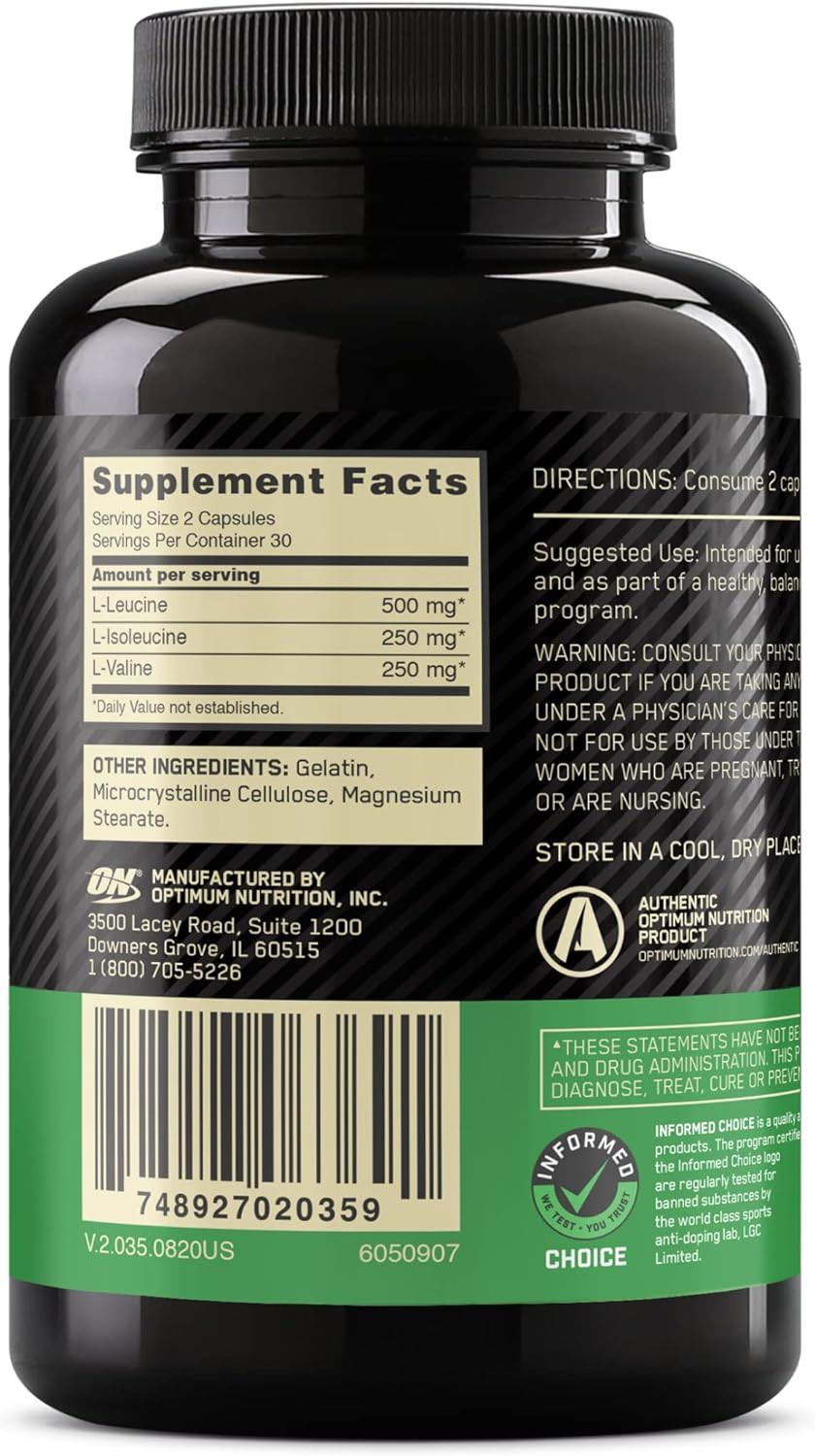 Optimum Nutrition BCAA 1000, 1,000 mg, 60 Capsules (500 mg per Capsule)