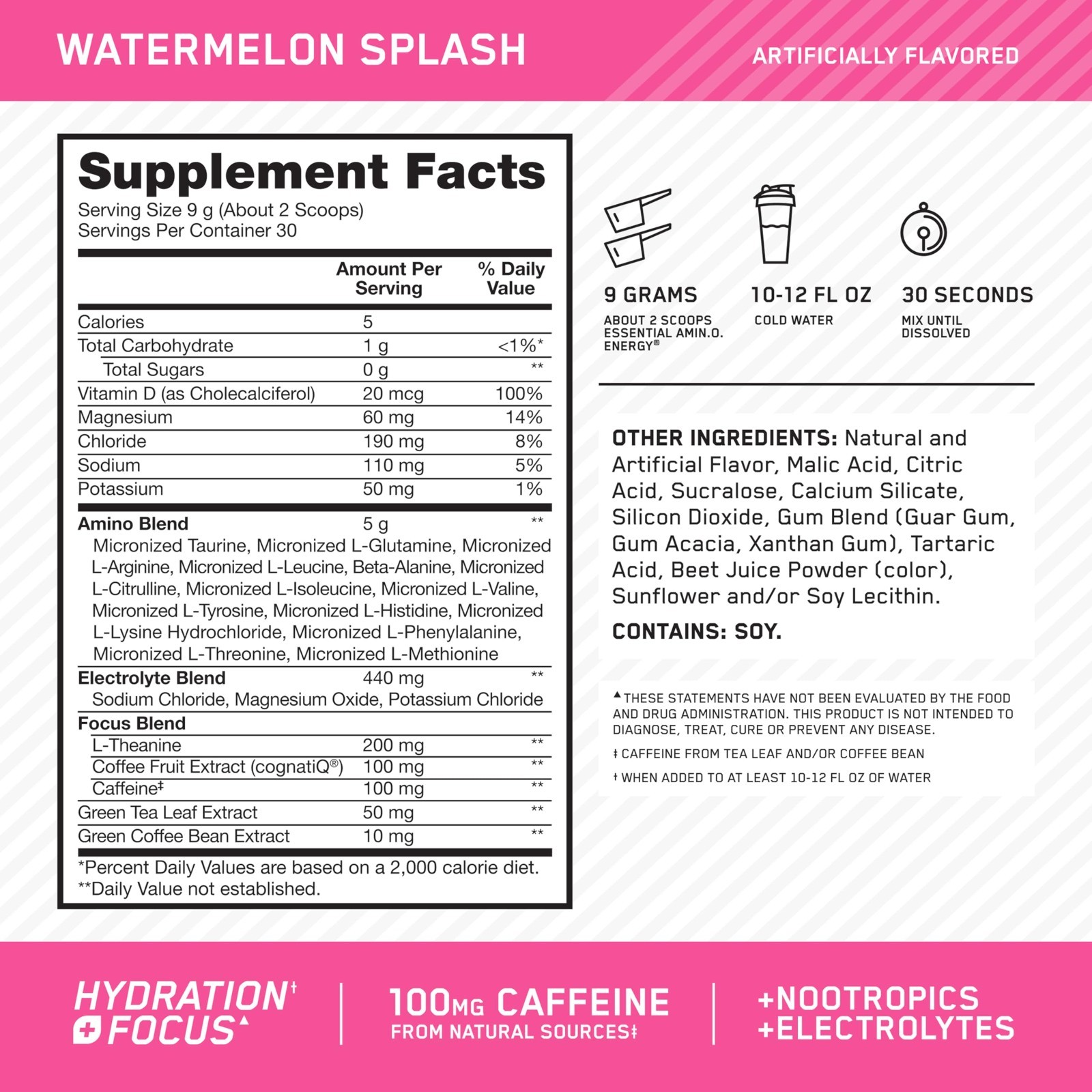 Amino Energy Powder with BCAAs, Electrolytes & Caffeine – Watermelon Flavor, 30