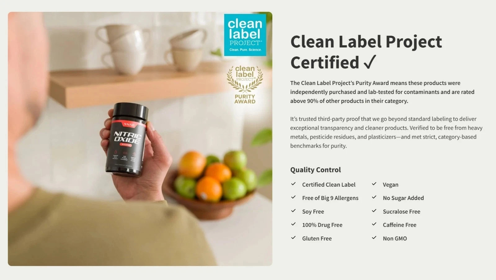 SNAP Nitric Oxide Booster 1500mg L-Arginine L-Citrulline Clean Label Certified