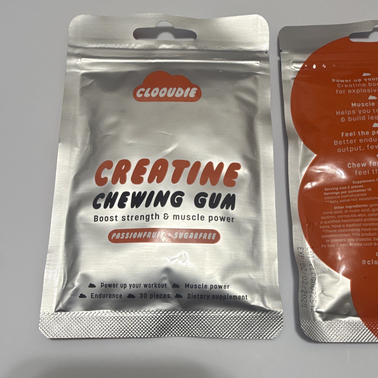 Clouddie Creatine Chewing Gum 2 Pack Sugar Free Passionfruit 30 Pieces Each New