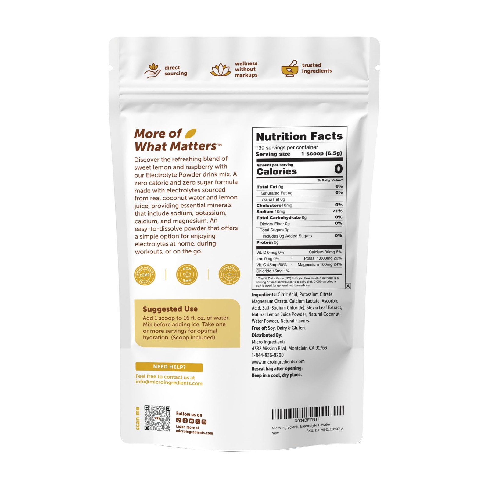 Micro Ingredients Electrolytes Powder 2Lbs 139 Raspberry Potassium Friendly
