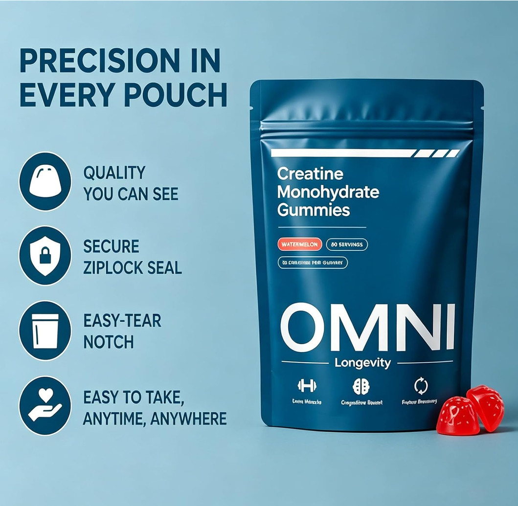 Omni Creatine Monohydrate Gummies Peach 30 Servings Watermelon Flavor 1g per Gum